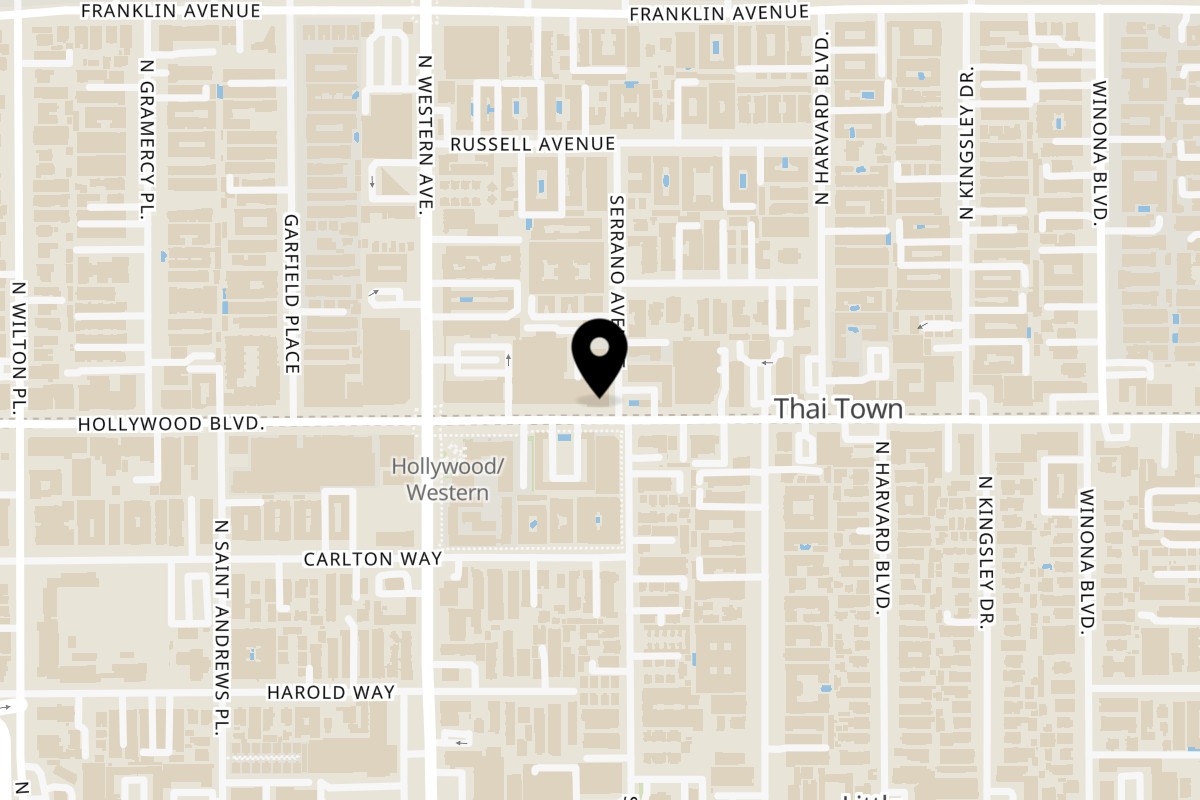 Map showing the location of Boran Thai Restaurant on 5401 Hollywood Blvd #3405 in Los Angeles